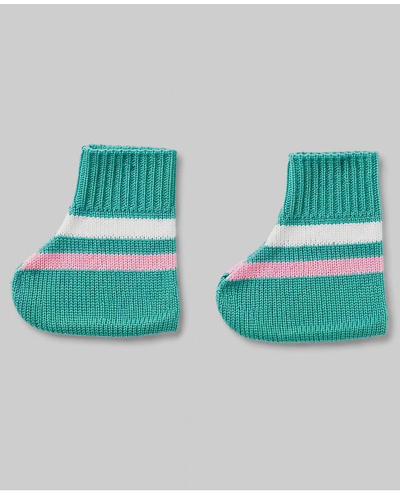 Babyhug Knit Full Sleeves Striped Sweater Set With Booties & Cap - Mint