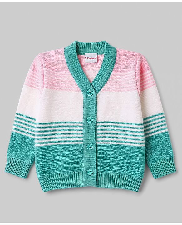 Babyhug Knit Full Sleeves Striped Sweater Set With Booties & Cap - Mint