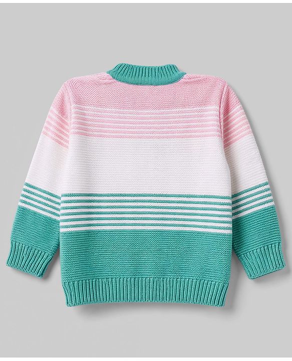 Babyhug Knit Full Sleeves Striped Sweater Set With Booties & Cap - Mint