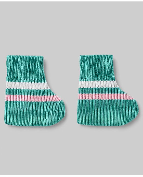 Babyhug Knit Full Sleeves Striped Sweater Set With Booties & Cap - Mint