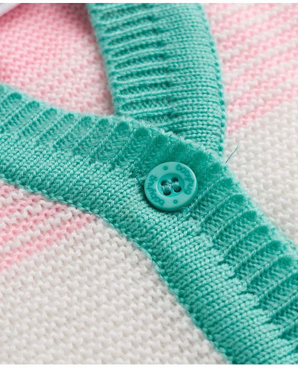 Babyhug Knit Full Sleeves Striped Sweater Set With Booties & Cap - Mint