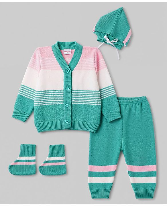 Babyhug Knit Full Sleeves Striped Sweater Set With Booties & Cap - Mint