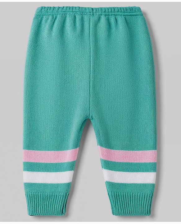 Babyhug Knit Full Sleeves Striped Sweater Set With Booties & Cap - Mint
