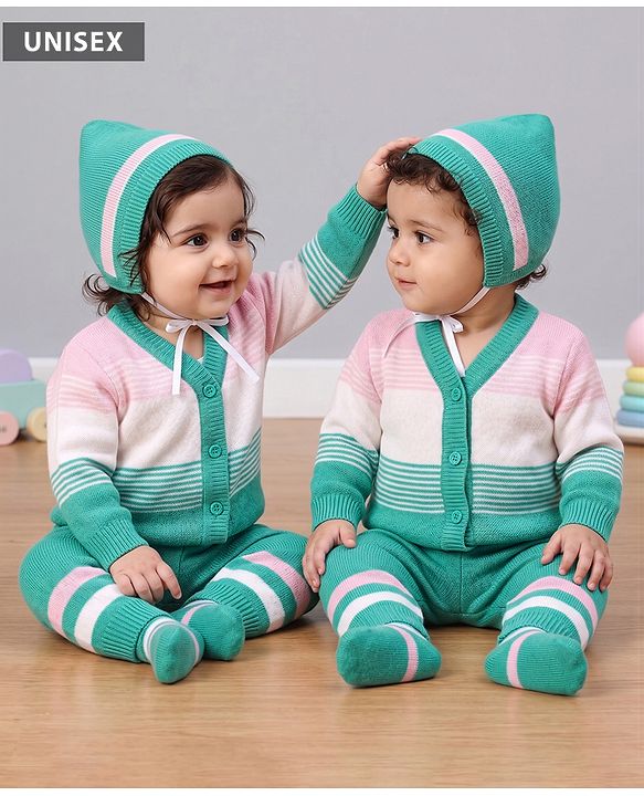 Babyhug Knit Full Sleeves Striped Sweater Set With Booties & Cap - Mint