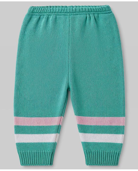 Babyhug Knit Full Sleeves Striped Sweater Set With Booties & Cap - Mint