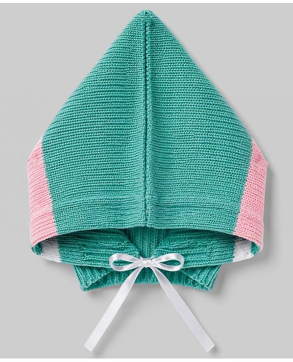 Babyhug Knit Full Sleeves Striped Sweater Set With Booties & Cap - Mint