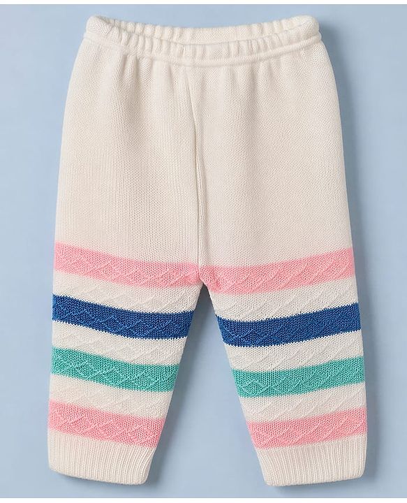 Babyhug Knit Full Sleeves Stripe Sweater Set With Cap and Booties - White