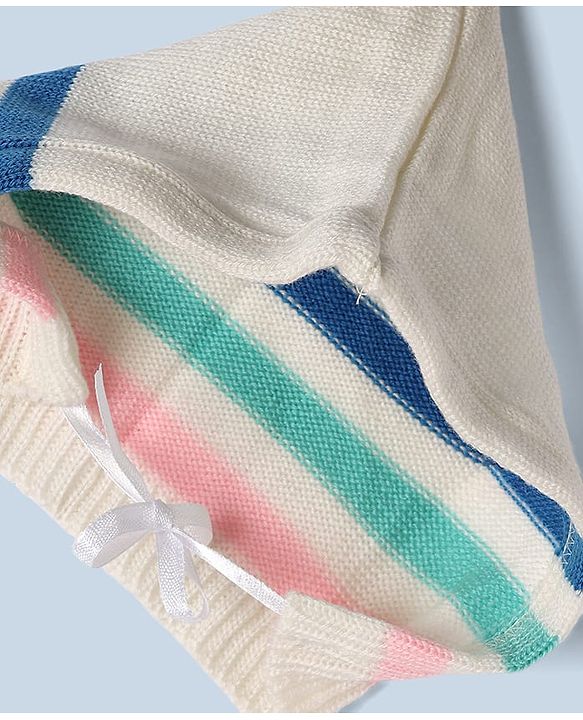 Babyhug Knit Full Sleeves Stripe Sweater Set With Cap and Booties - White