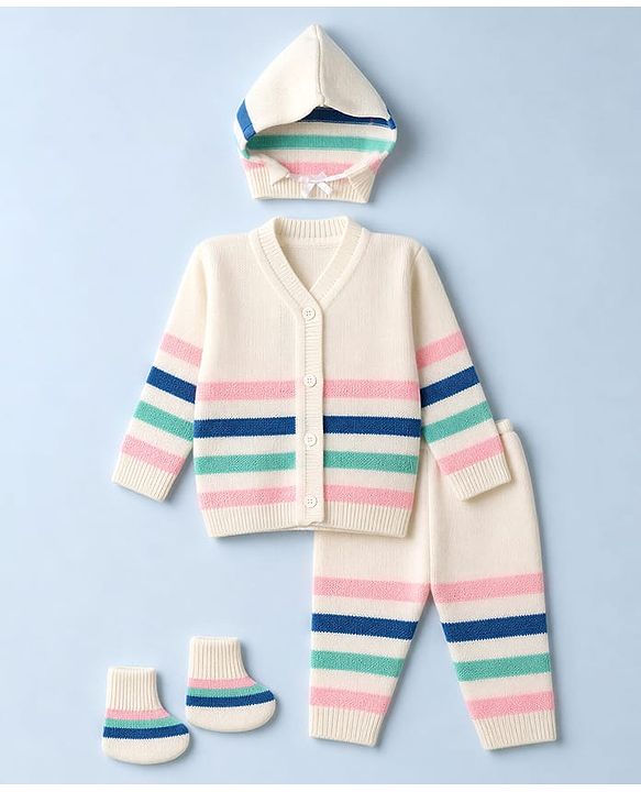 Babyhug Knit Full Sleeves Stripe Sweater Set With Cap and Booties - White