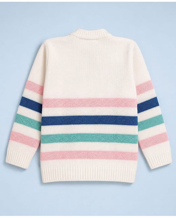 Babyhug Knit Full Sleeves Stripe Sweater Set With Cap and Booties - White