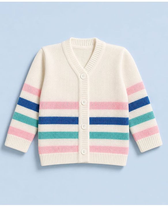 Babyhug Knit Full Sleeves Stripe Sweater Set With Cap and Booties - White