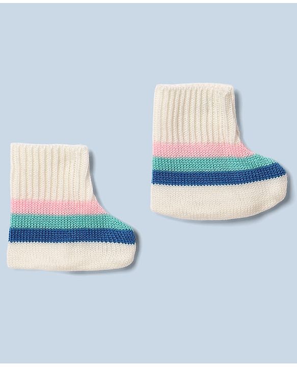 Babyhug Knit Full Sleeves Stripe Sweater Set With Cap and Booties - White