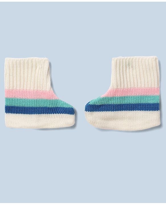 Babyhug Knit Full Sleeves Stripe Sweater Set With Cap and Booties - White