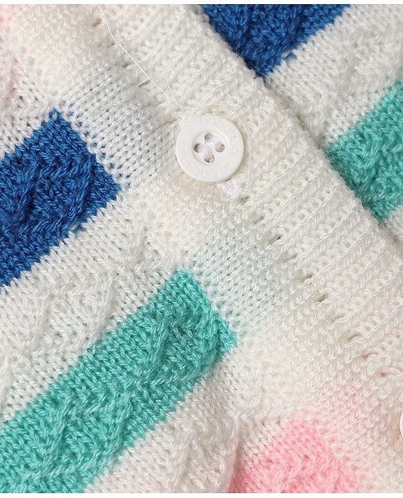 Babyhug Knit Full Sleeves Stripe Sweater Set With Cap and Booties - White