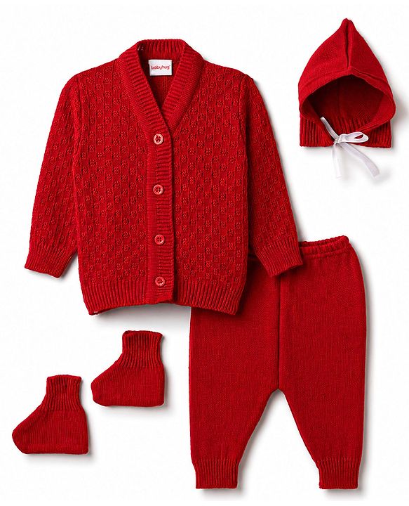 Babyhug Knit Full Sleeves Solid 4 Piece Sweater & Pant Set With Cap & Booties - Red