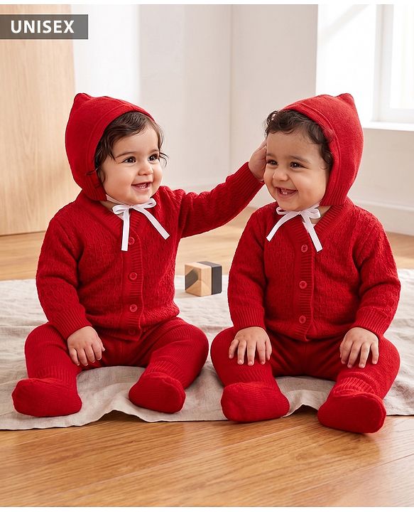 Babyhug Knit Full Sleeves Solid 4 Piece Sweater & Pant Set With Cap & Booties - Red