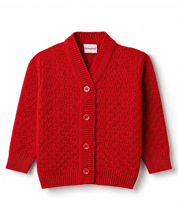Babyhug Knit Full Sleeves Solid 4 Piece Sweater & Pant Set With Cap & Booties - Red
