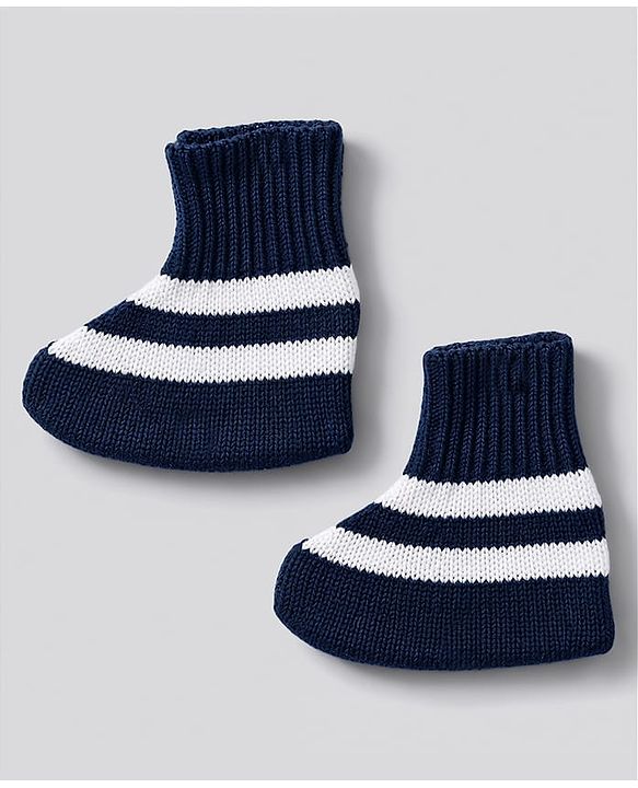 Babyhug Knit Full Sleeves Striped Sweater Set With Booties & Cap - Navy Blue