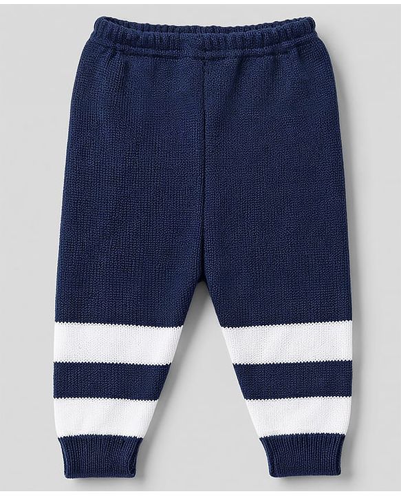 Babyhug Knit Full Sleeves Striped Sweater Set With Booties & Cap - Navy Blue