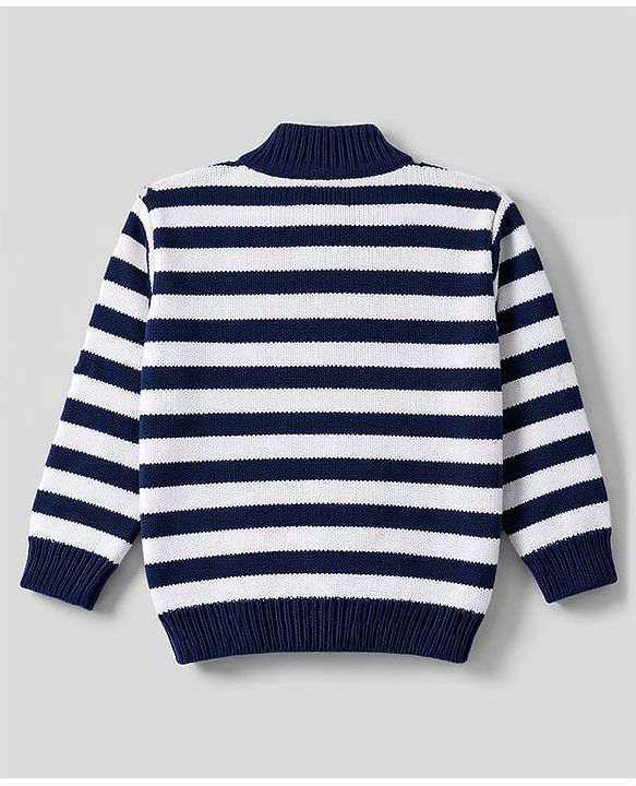 Babyhug Knit Full Sleeves Striped Sweater Set With Booties & Cap - Navy Blue