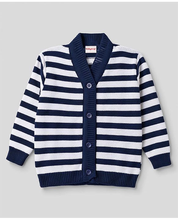 Babyhug Knit Full Sleeves Striped Sweater Set With Booties & Cap - Navy Blue