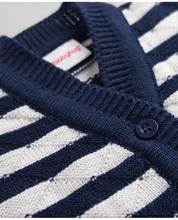 Babyhug Knit Full Sleeves Striped Sweater Set With Booties & Cap - Navy Blue