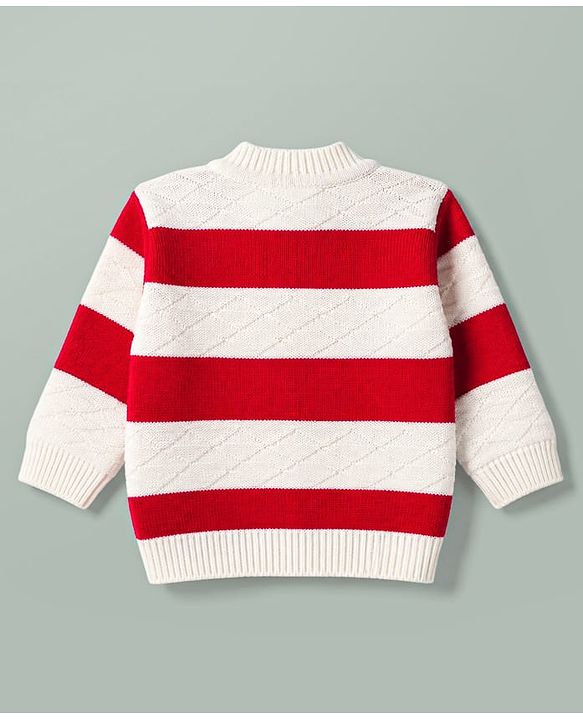 Babyhug Knit Full Sleeves Front Open Colour Block Stripe Sweater Set with Cap & Booties - Red & White