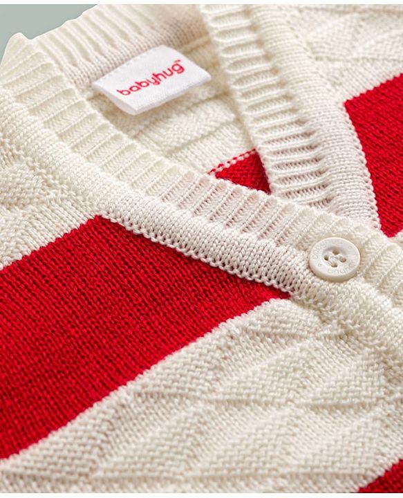Babyhug Knit Full Sleeves Front Open Colour Block Stripe Sweater Set with Cap & Booties - Red & White