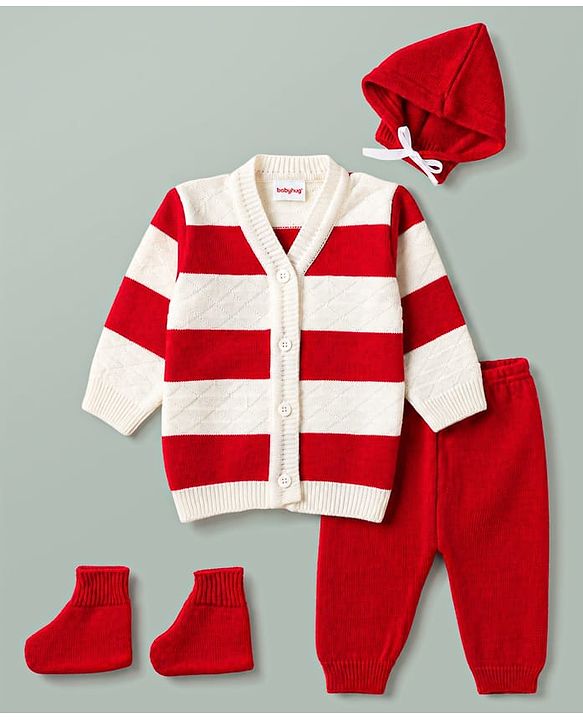 Babyhug Knit Full Sleeves Front Open Colour Block Stripe Sweater Set with Cap & Booties - Red & White