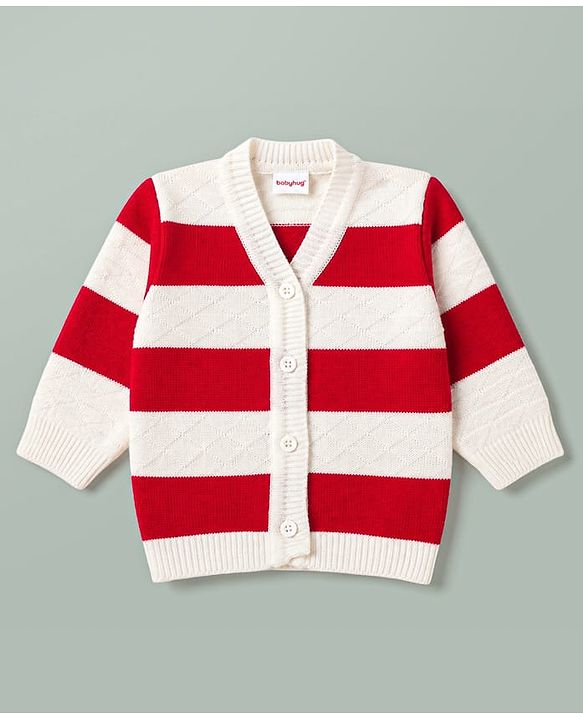 Babyhug Knit Full Sleeves Front Open Colour Block Stripe Sweater Set with Cap & Booties - Red & White