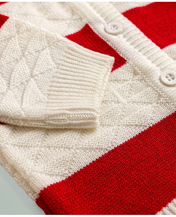 Babyhug Knit Full Sleeves Front Open Colour Block Stripe Sweater Set with Cap & Booties - Red & White