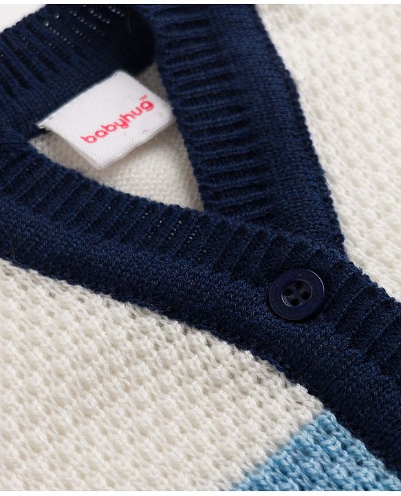 Babyhug Knit Full Sleeves Striped Sweater Set With Cap & Booties - Navy Blue