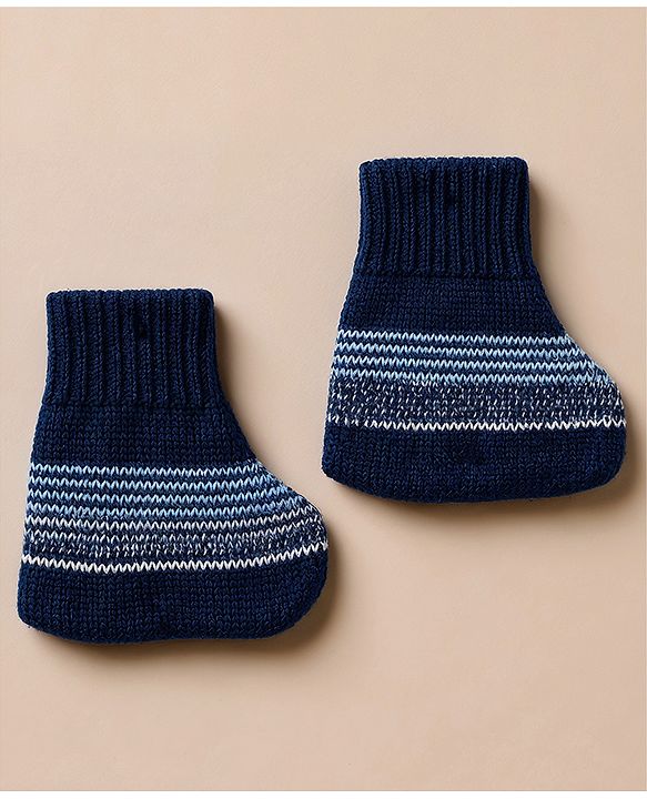 Babyhug Knit Full Sleeves Striped Sweater Set With Cap & Booties - Navy Blue