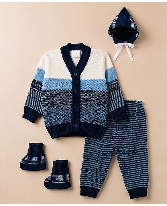 Babyhug Knit Full Sleeves Striped Sweater Set With Cap & Booties - Navy Blue