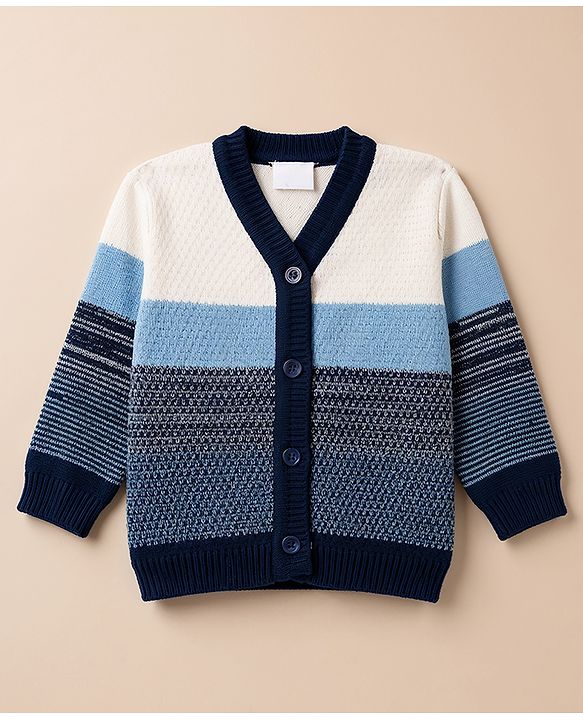 Babyhug Knit Full Sleeves Striped Sweater Set With Cap & Booties - Navy Blue