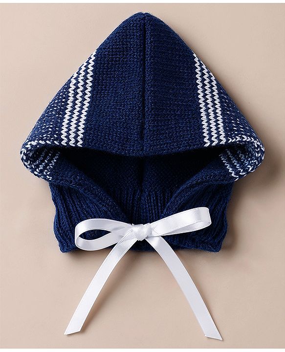 Babyhug Knit Full Sleeves Striped Sweater Set With Cap & Booties - Navy Blue