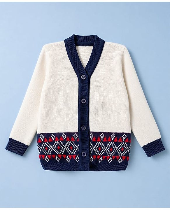 Babyhug Knit Full Sleeves Front Open Argyle Designed Sweater Set with Cap & Booties - Navy & White