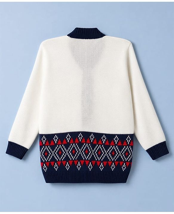 Babyhug Knit Full Sleeves Front Open Argyle Designed Sweater Set with Cap & Booties - Navy & White