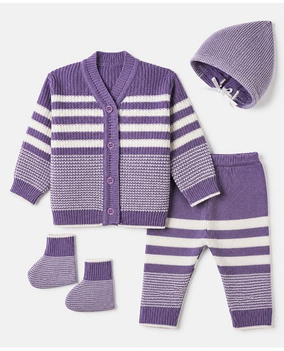 Babyhug Knit Full Length Four Piece Sweater Sets with Full Sleeves and Striped Print in Purple for 6-9 Months