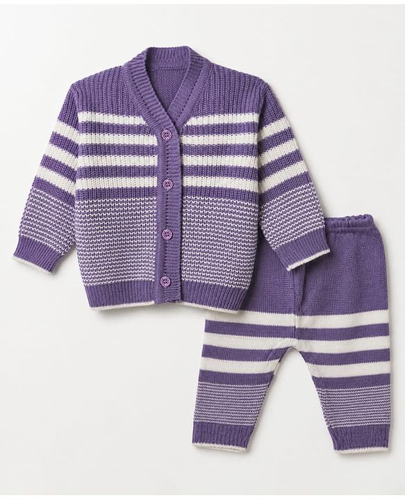 Babyhug Knit Full Length Four Piece Sweater Sets with Full Sleeves and Striped Print in Purple for 6-9 Months