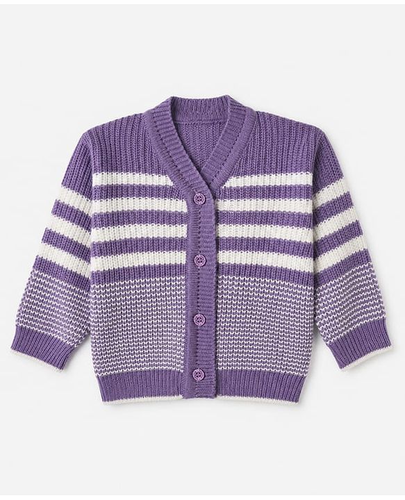 Babyhug Knit Full Length Four Piece Sweater Sets with Full Sleeves and Striped Print in Purple for 6-9 Months