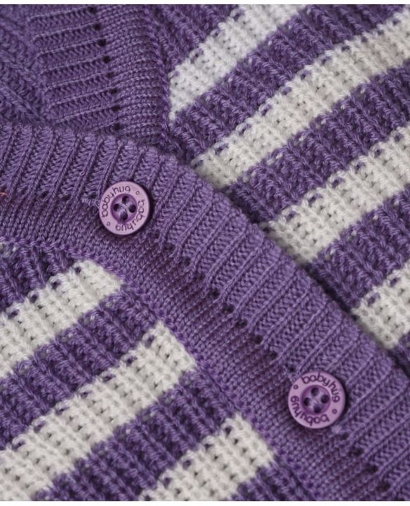 Babyhug Knit Full Length Four Piece Sweater Sets with Full Sleeves and Striped Print in Purple for 6-9 Months