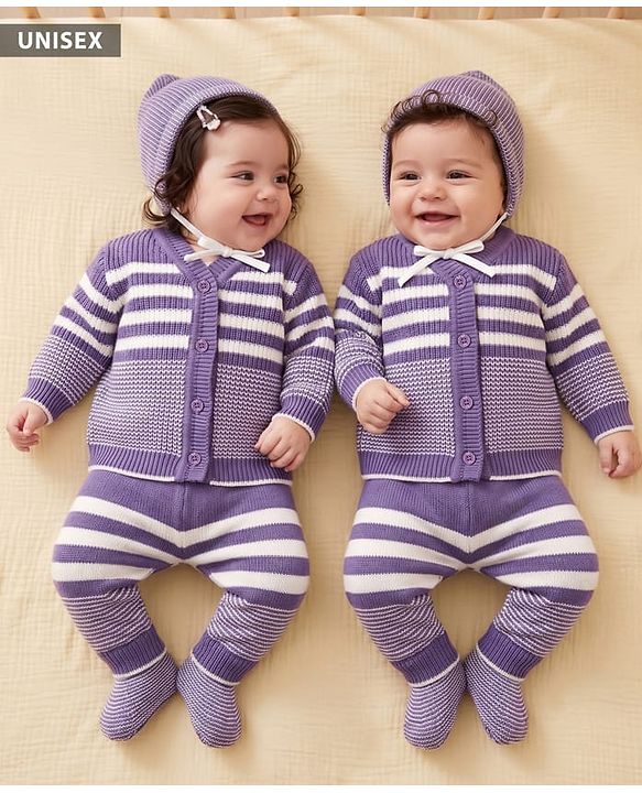Babyhug Knit Full Length Four Piece Sweater Sets with Full Sleeves and Striped Print in Purple for 6-9 Months