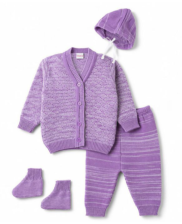 Babyhug Knit Full Sleeves Solid Textured Sweater Set With Booties & Cap - Purple