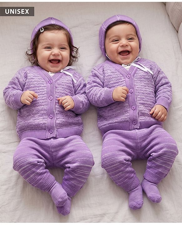 Babyhug Knit Full Sleeves Solid Textured Sweater Set With Booties & Cap - Purple