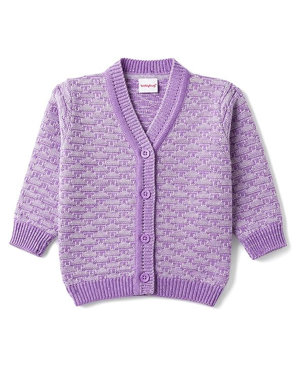 Babyhug Knit Full Sleeves Solid Textured Sweater Set With Booties & Cap - Purple