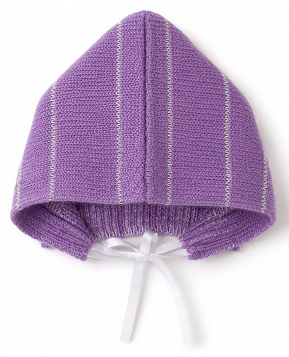 Babyhug Knit Full Sleeves Solid Textured Sweater Set With Booties & Cap - Purple