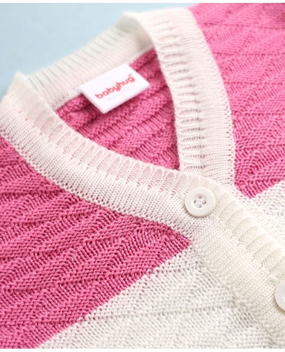 Babyhug Knit Sweater Set and Cap with Full Sleeves and Color Block in Pink