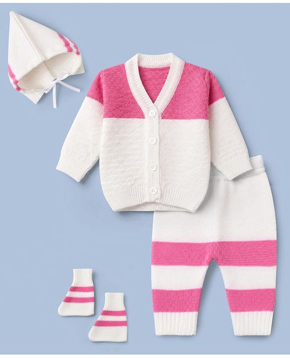Babyhug Knit Sweater Set and Cap with Full Sleeves and Color Block in Pink