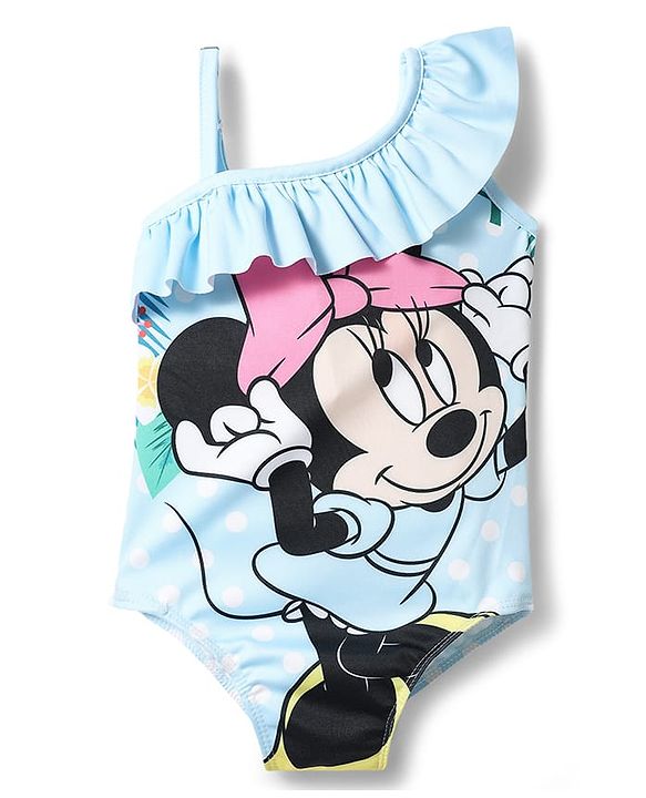 Babyhug Disney Sleeveless V Cut Swimsuit With Minnie Mouse Graphic - Light Blue